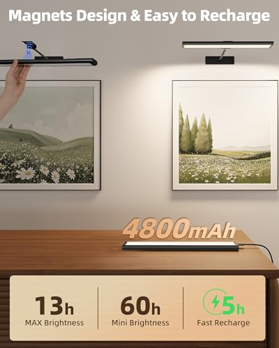 Image of EZVALO Picture Light for Wall, 4800mAh Rechargeable Wireless Black Lights for Painting, 16In Dimmable Magnetic LED RGB Art Display Light, Colors Temperatures, for Gallery, Living Room, Hallway