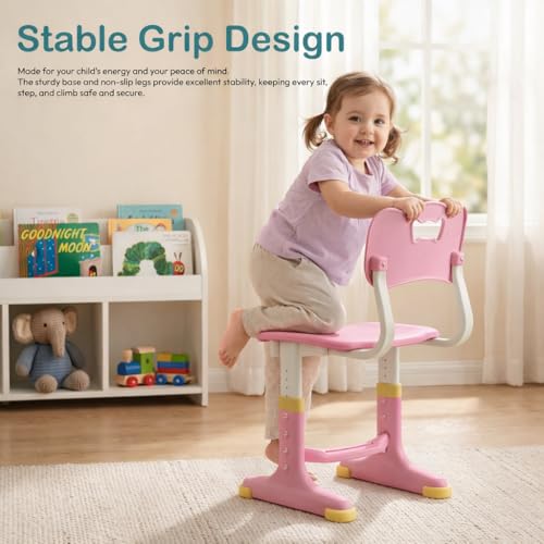 Image of StarAndDaisy Study Table for Kids 5-12 Years Boys & Girls, Adjustable Height Study Table & Chair Set for Kids /Baby, Children with Book Holder & Storage & LED Light, Wide Deck - Pink