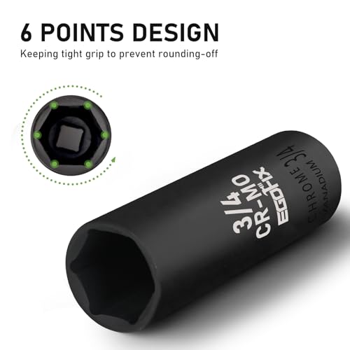 Image of 3 /8 inch Drive Deep Impact Socket, 3 /4 Inch SAE Socket, CR-MO 6 Point for Easy Removal of Axle Nut