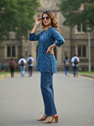 Image of Varanga Women Women's Blue Printed Tunic with 3 /4 Sleeves