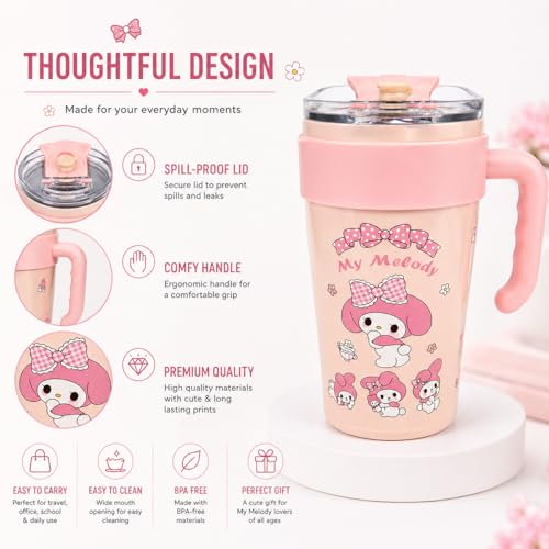 Image of Vasukie Cute Cartoon Stainless Steel Tumbler with Handle & Straw Lid, Leakproof Travel Mug, Reusable Water Cup for Girls, School, Office, Home & Outdoor Use