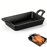 Grillpfanne Gusseisen, 24x17 cm Gusseisenpfanne Servierpfanne aus Gusseisen mit Zwei Griffen, Cast Iron Pan Gusspfanne Steakpfanne Rechteckige Pfanne für Gasgrill Induktion Backofen Gas und Kohlegrill