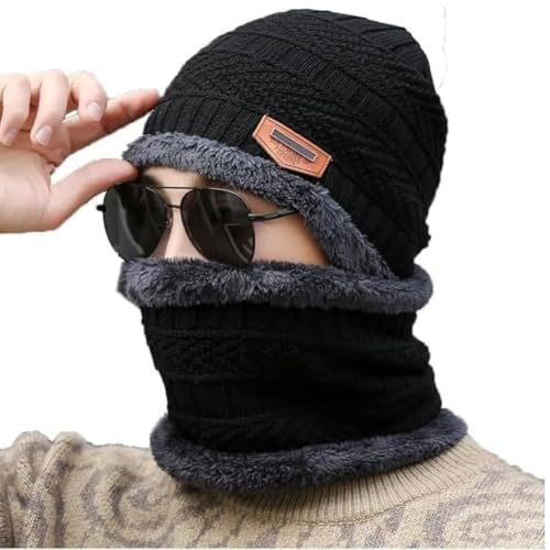 Image of K D Winter Wear 2-in-1 Woolen Beanie Cap & Muffler Set for Men & Women | Soft Thermal Wool | Fleece-Lined | Head & Neck Warmer | Unisex Winter Accessories (Cap /Muffler - Black)