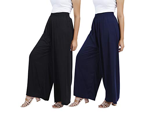 Image of Buy That Trendz M to 4XL Cotton Viscose Loose Fit Flared Wide Leg Palazzo Cotton for Pants Women Black Navy Combo Pack of 2 XXX-Large