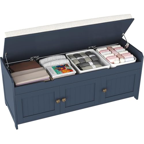 HOME BI Shoe Bench with Lift Top Storage Entryway Storage Bench with Cushioned Seats Shoe Rack Bench with 3-Door Cabinet for Entryway Bedroom Living Room Blue