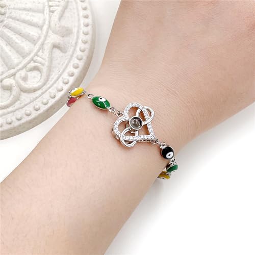 Image of 100 Languages I Love You Projection Heart Charm Evil Eye Chain Bracelet Adjustable Good Luck Jewelry Valentine's Day Anniversary Birthday Protection Gift for Women Mom Wife