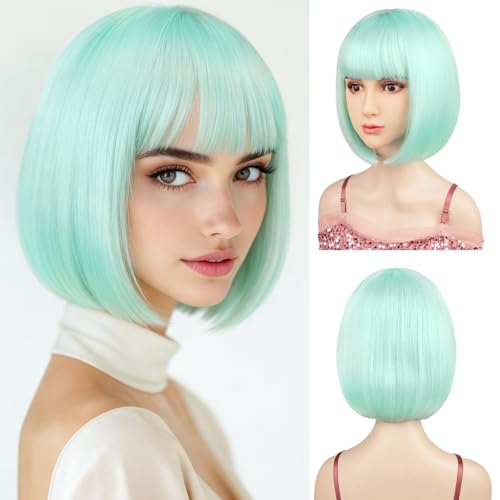 Sarannala Aqua Bob Wig with Flat Bangs Include Wig Cap 12 Inch Heat Resistant Synthetic Fiber Hair for All Women Halloween Costume Party Colorful Wigs(Aqua)