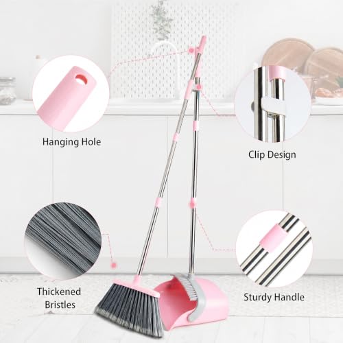 Image of Broom and Dustpan Combo Set, Long Handle and Standing Dust Pan with Comb Teeth, Efficient Floor Cleaning for Kitchen, Outdoor, Dorm, Apartment, Office Lobby (Pink Gray)