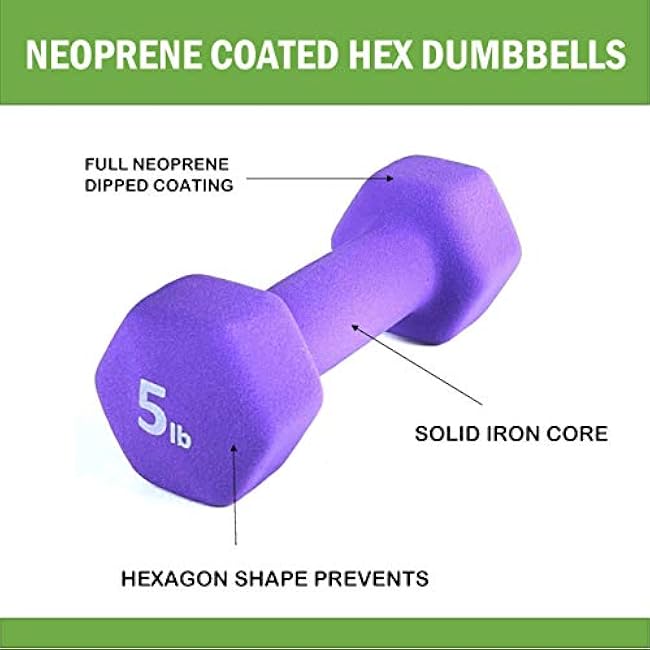 FRS Barbell Neoprene Coated Hex Dumbbell Weights (Purple 5LB, Set of 2)
