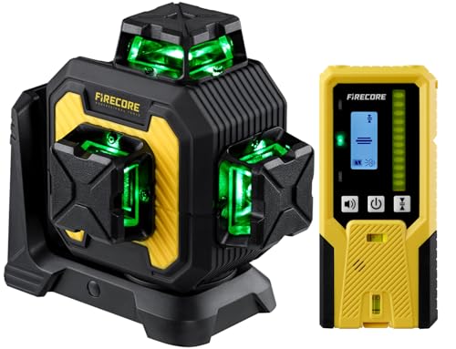 Firecore Niveau Laser Chantier Autonivelant 360°×3 avec Récepteur, Laser Niveaux 12 Lignes avec Batterie Lithium Rechargeable, Autonivellement et Mode Pulsé Extérieur
