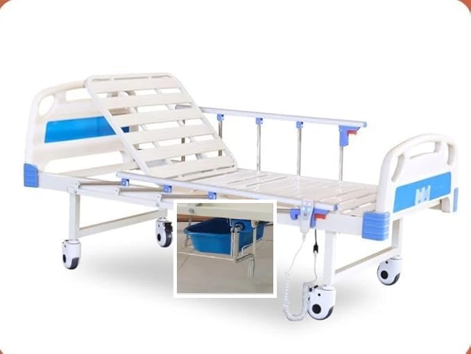 Semi Fowler Electric Hospital Bed with Commode Function – Head Elevation, Collapsible Rails, Dining Board & Mattress | DIY Installation | Pee Bed for Elderly & Patients