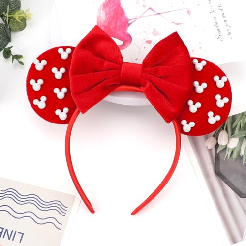 Image of DRESHOW Mouse Ears Headbands for Women Pearl Hairbands Bow Head bands Velvet Head band Christmas Cosplay Costume Princess Party Decorations Halloween & Disney Trip