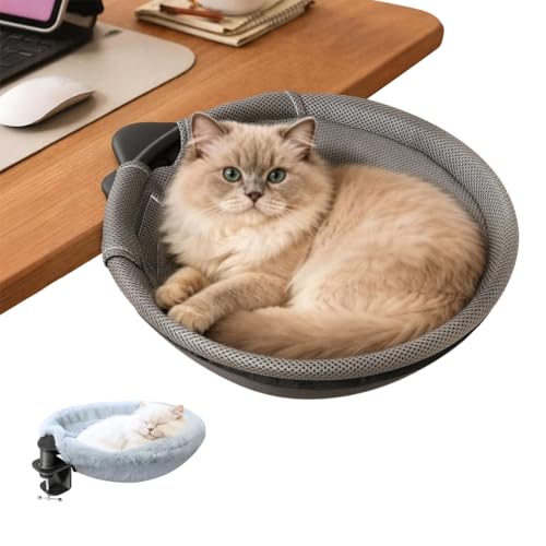 Skylos Cat Desk Bed 360 Rotating Desk Cat Hammock with Clamp-On Attachment Space-Saving Cat Bed with Two Washable All-Season Cushions for Home Office Supports Up to 21kg