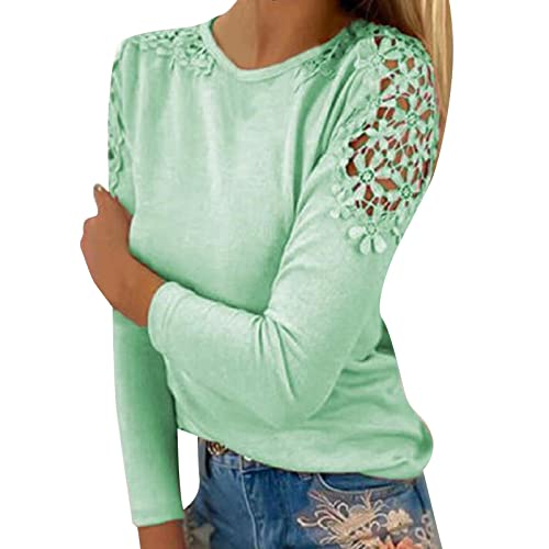 Labor Day Sales Deals Amaon Outlet Sales Clearance Today Warehouse Fall Shirts for Women 2024 Trendy Crew Neck Long Sleeves Blouses Tops Dressy Casual Lace Floral Shoulder Basic Shirt Green Warehouse