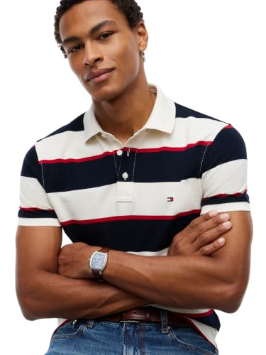 Image of Tommy Hilfiger Men's Short Sleeve Polo Shirts in Slim Fit with Stretch and Organic Pique Cotton