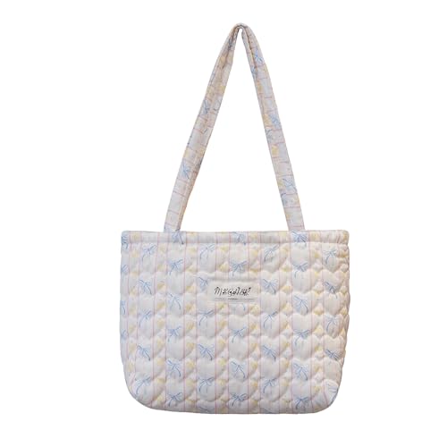 Image of Floral Quilted Cotton Shoulder Bag for Women Daily Use Medium Size Handbag Large Capacity Thickened Design Tote