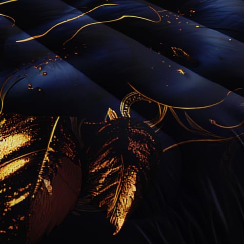 Image of AILONEN Blue Rose Comforter Set - Full Size, Gold Rose Leaves Printed Bedding Set, 3 Pieces Bed in a Bag Flower Printed Comforter Set, 1 Quilt with 2 Pillowcases