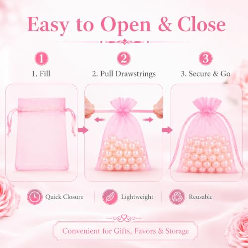 Image of Hopttreely 50 Pcs Pink Organza Bags 4x4.72 Inch, Sheer Mesh Gift Bags Bulk with Drawstring, Small Jewelry Candy Soap Makeup Sachet Pouches for Wedding Baby Shower Birthday Party Favors
