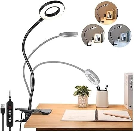Kıskaçlı Akrobatik 3 Renk Masa Lambası, USB Beyaz, Işık Şiddeti ve Rengi Ayarlanabilir, Kitap Okuma ve Çalışma Işığı, Güç Kablosu Dahil [Enerji Sınıfı A]
