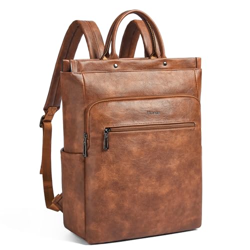 Leather Laptop Backpack for Women, Travel Backpack Purse Fits 15.6 Inch Laptop, Casual Daypack with Laptop Compartment for Teachers College Work Business Nurse Weekender, Brown