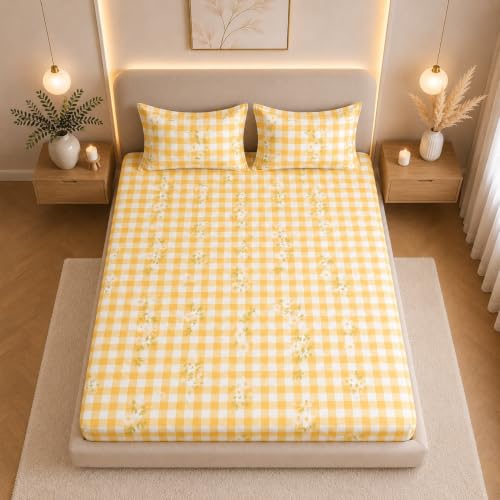 Image of THE HOME STYLE Supersoft Glace Cotton Elastic Fitted All Around King Size Printed Double Bedsheet with 2 Pillow Cover & King Size Comforter /Duvet /Blanket (72 inchx78 inch + Comforter, Daisy Sunshine Check)
