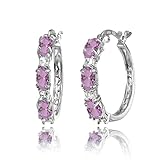 Sterling Silver Hoops Princess-cut White Topaz & Oval Simulated Kunzite Hoop Earring for Bridesmaids Fashion Trendy