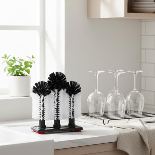 Image of Havawish 1 Pack Water Bottle Cleaning Brush with Suction Base, 3 Head Bristle Bar Glass Washer for Sink, Washer Brush Cleaner for Bar Beer Cup, Wine Glass, Long Leg Cup Kitchen Tools