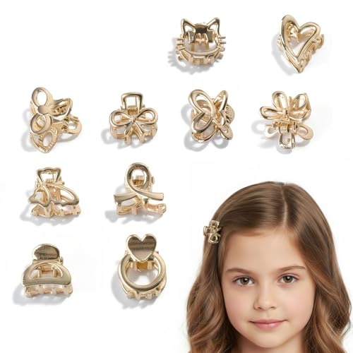Eclove Set di 10 Mini Mollette per Capelli, Pinze per Capelli in Metallo Dorato, Clip Piccole a Farfalla, Fiocco, Cuore, Fiore, Gatto, Accessori per Capelli per Donne e Ragazze