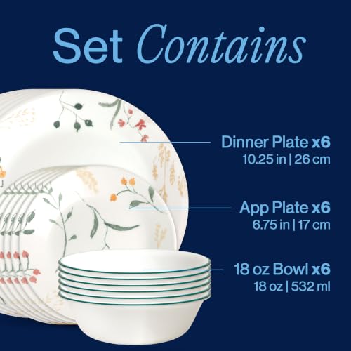 Corelle Vitrelle 18 Piece Glass Dinnerware Sets Service for 6, Triple Layer Chip & Crack Resistant Glass Plate and Bowl Sets, Wildflower - Image 4