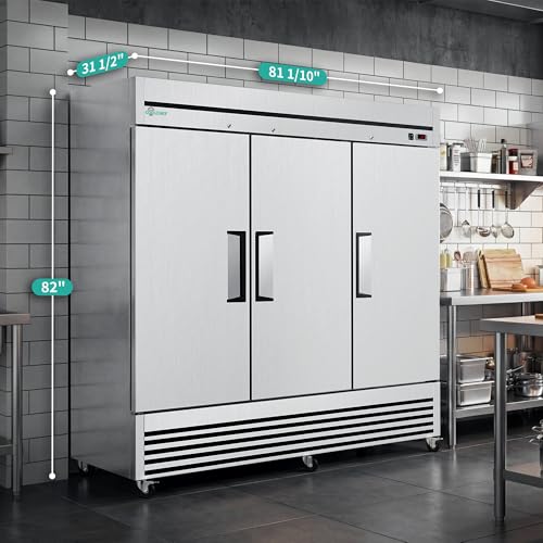 Image of COOLCHEF 81 inch Commercial Refrigerator 72 Cu.Ft, Stainless Steel 3-Door Reach-in Fridge, 33-40℉, Air Cooling, LED Light, 9 Shelves, R290, ETL