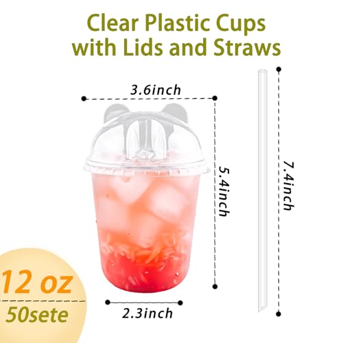 Qsqwsuye 50 Sets 12oz Disposable Transparent Plastic Cup with Panda Lids & Straws, Easy-to-Grip Design, Suitable for Iced Coffee, Milk Tea,Milkshakes,Perfect for Holiday Parties,Various Dining Occasio