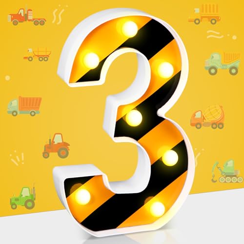 Aurelema Construction LED Number Lights Construction Theme Birthday Decoration Decorative LED Light up Number Kids Boy Man Marquee Night Light Dump Truck Birthday Party Decorations Supplies(3), warm