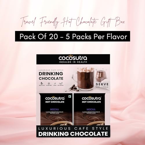 Image of COCOSUTRA Drinking Chocolate Mix | Mocha | 20 Single-Serve Sachets (20g Each) | Vegan & Gluten Free | No Preservatives | Enjoy Hot or Cold | Ready in 2 Minutes | 400g | Mocha Drinking Chocolate, 20 Single Serves, Gluten Free & Vegan, Enjoy Hot or Cold, Celebration Box
