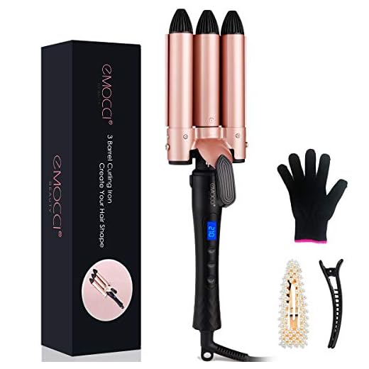 3 Barrel Curling Iron,1 inch Triple Three Barrel Hair Waver Mermaid Beach Waves Curling Wand Ceramic Tourmaline Temperature Adjustable Curler Irons with LCD Display for Hair Styling Set(Rose,Black)