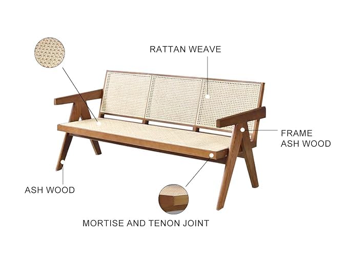 Image of Solid Wooden Brown Finish Rattan Arm Bench with Back Support Three Seater Bench for Living Room & Hall | D60 x W155 x H78 CM