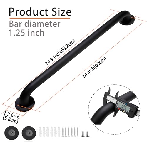 Rackickyer Shower Grab Bar, 2 Pack 24 Inch Black Bathroom Grab Bar, 1.25" Diameter 304 Stainless Steel Anti-Slip Grab Bars for Bathtubs and Showers, Handicap Shower Grab Bar for Seniors Elderly