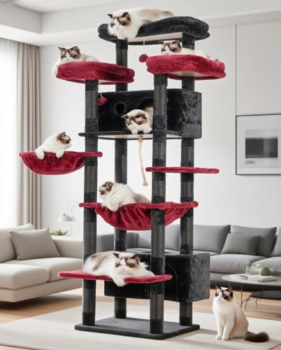 Gitelsnour Cat Tree for Indoor Cats Large Adult, 74" Cat Tower for with 3 Big Platforms, 2 Baskets, 2 Condos, Multi-Level Cat Scratching Posts, Black and Red GCT030BR