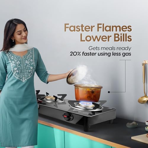 Image of 3 Burner Glass Top Gas Stove | Manual Ignition | Crystal Toughened Glass | ISI Certified | High Efficiency Burners | Durable & Easy Clean Kitchen Gas Stove