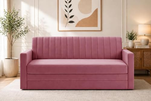 Image of Velvet Three-Seater Sofa Cum Bed with Armrest, Convertible Sleeper Couch Sofa for Living Room, Bedroom & Office- Rose Pink Color
