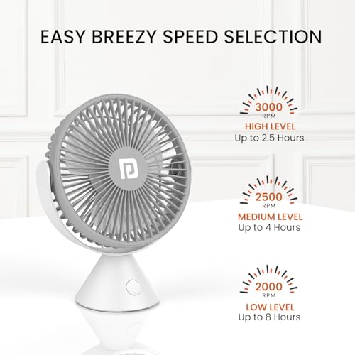Image of Portronics Aero Breeze Portable Table Fan 178mm, USB Rechargeable Fan, 3 Speed Airflow, Battery Powered Silent Operation, 4 Hours Back Up, 360 Rotatable USB Fan, BLDC Fan for Kitchen,Office,Home