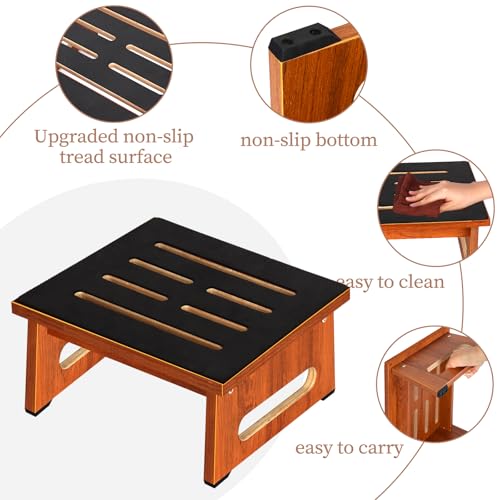 Image of One Step Stool for Bed, Wooden Step Stool with Non-Slip Feet, 450 LBS Capacity Stepping Stool for Adults Seniors, Bedside Steps for High Beds, Bathroom Kitchen Bedroom, Easy to Assemble, Rustic Brown