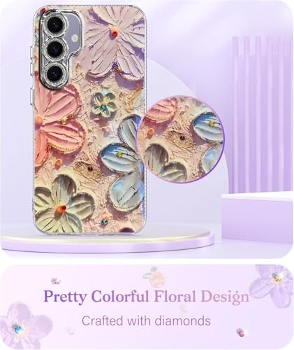 Image of Elzzi Compatible with Samsung S24 Case Oil Painting Flower Colorful with Len Prtotection Shockproof PC+TPU Glossy Back Cover for Girls Women, Pink