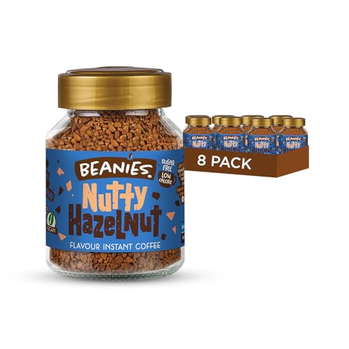 Beanies Instant Coffee Nutty Hazelnut Flavour, 400g 50g x 8 Pack - Freeze Dried Granules, Sugar Free Low Calorie Coffee, Nut Free, Vegan Friendly, Clean Everyday Wellness Drink