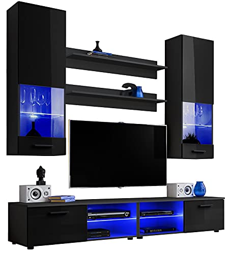 ExtremeFurniture Vida Wohnwand, Karkasse in Schwarz Matt/Front in Schwarz Hochglanz mit LED in Blau Cover