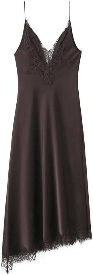 Women Long Satin Spaghetti Straps Dress Asymmetric Hem V Neck Party Dresses