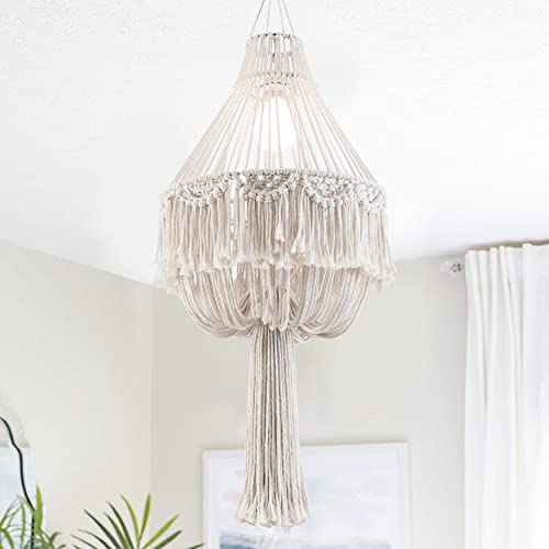 Goso Handmade Macrame Chandelier Plug In Woven Hanging Lamp 15Ft Hemp Rope Boho Pendant Light With On/Off Switch For Bedroom Living Room Party Home Decor H43 Xd16 Ivory #TOP5