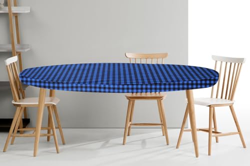 Image of The Furnishing Tree Elastic Oval Dining Table Cover WxL 42x72 in Inches Polyester Checkered Pattern Blue