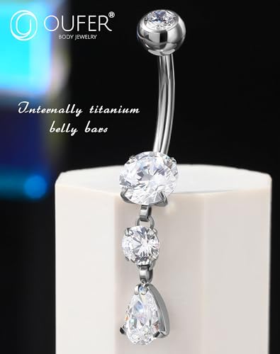 OUFER Dangle Belly Button Rings, Titanium Belly Rings, Clear CZ Dangle Belly Piercing Jewelry, Navel Piercing Jewelry, Internally Threaded Belly Rings For Women Men-10MM2