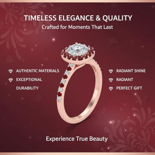 Image of Choose Your Gemstone Round Diamond CZ Square Halo Ring Rose Gold Plated Round Shape Petite Engagement Rings Matching Jewelry Wedding Jewelry Easy to Wear Gifts US Size 4 to 12
