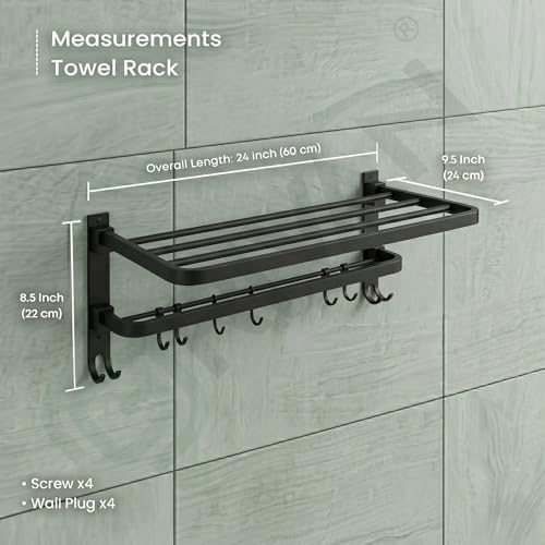 Image of GRIVAN Modern Stainless Steel Bathroom Towel Hanger for Wall | Folding 24-inch Towel Rack Cloth Stand with Hooks | Bathroom Fitting Accessories (Black Matte Finish)